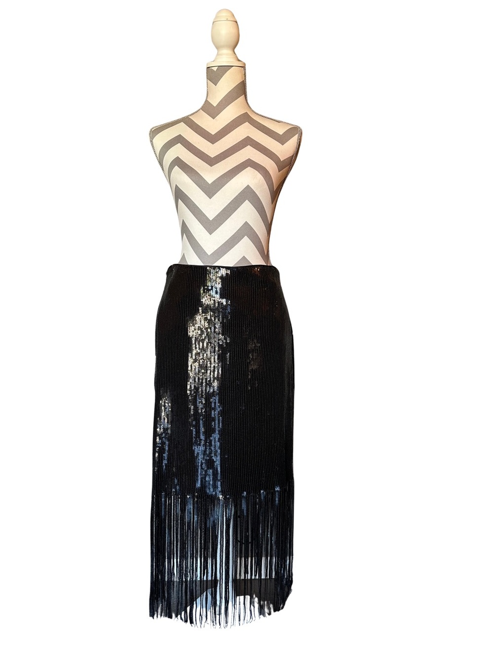 Skies Are Blue Black Sequin Fringe Midi Skirt